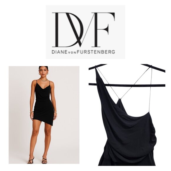 Women's Diane Von Furstenberg Black Asymmetrical dress with rouching Size 4 - Picture 2 of 10
